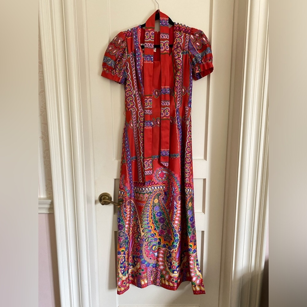 Vera Mont Paris 70s paisley red Multi maxi dress silk